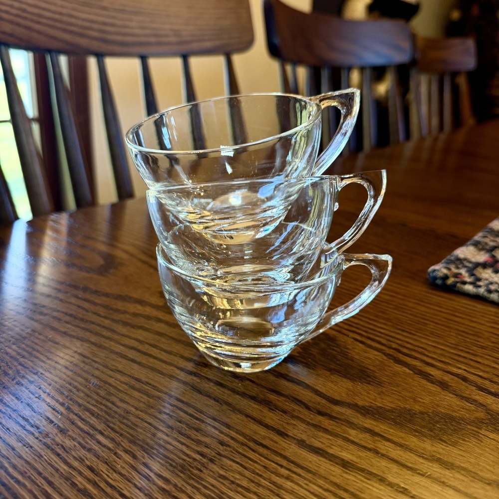 3 Vtg Colony Garden Club Punch Cups Clear Glass D-Handle Dahlia Smooth MCM